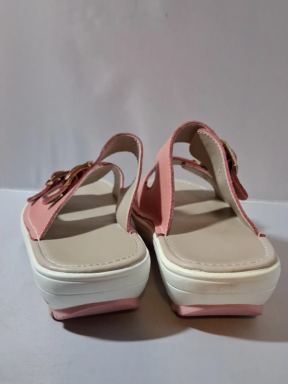 Pink and white 2 strap sandals, size 7